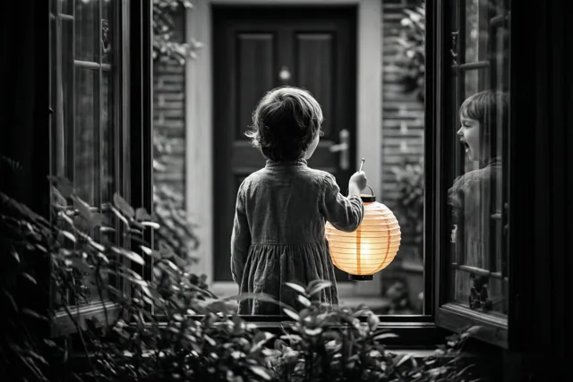 Een kind staat met de rug naar de kijker aan een voordeur met een lichtgevende papieren lantaarn en een weerspiegeling in het raam ernaast, in zwart-wit met een oranje gloed van de lantaarn.