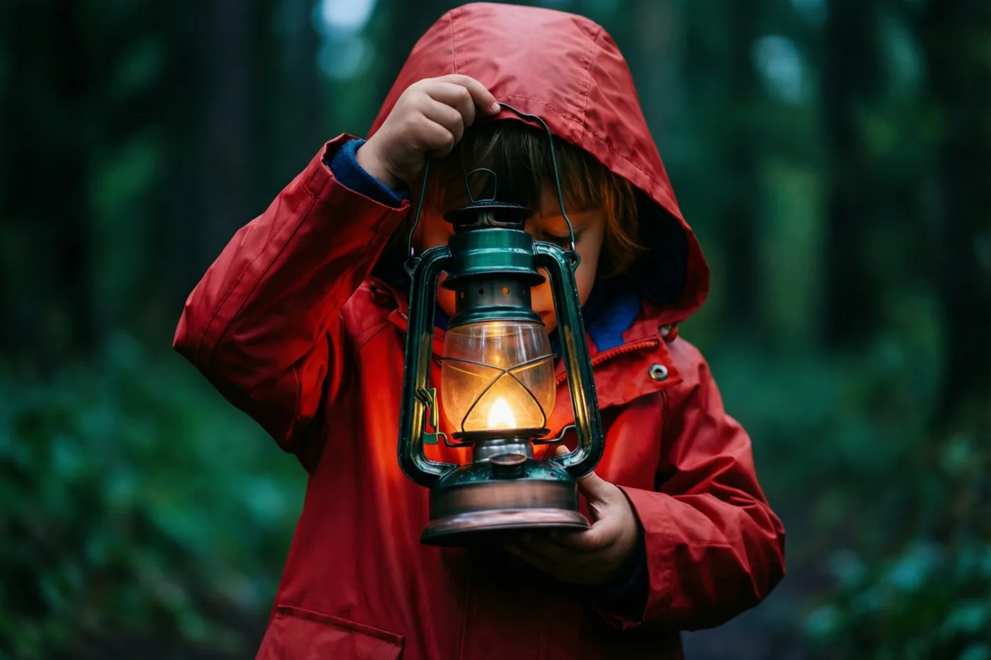 Een klein kind in een rode regenjas met kap houdt in een donker groen bos een brandende lantaarn vast, waarbij de kap en de lichtgloed het gezicht gedeeltelijk verbergen.