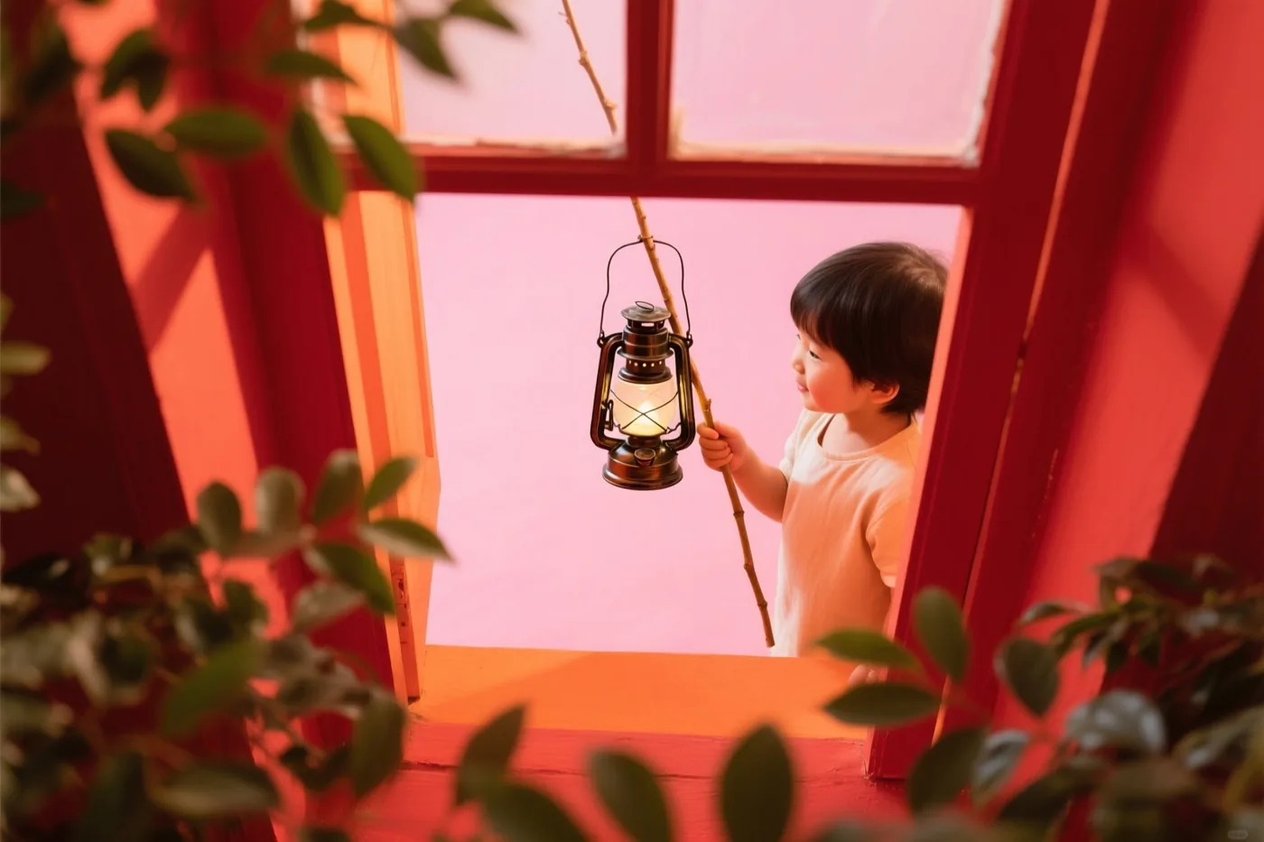 Een jong kind staat in een rood raamkozijn en houdt een brandende lantaarn aan een stok vast, in warm rood en roze licht.