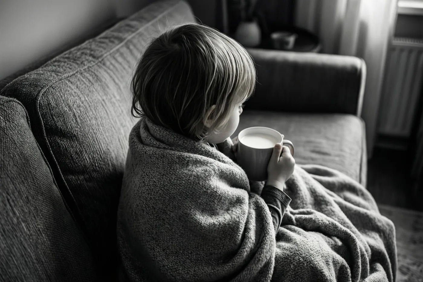 Een kind zit met de rug naar de kijker onder een dikke deken op een zetel en houdt een mok melk vast in een gedempte, monochrome omgeving.