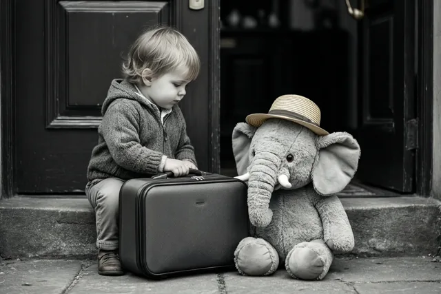 Een jong kind zit op een drempel met een koffertje in de handen naast een knuffelolifant met een strohoed op een zwart-witfoto.