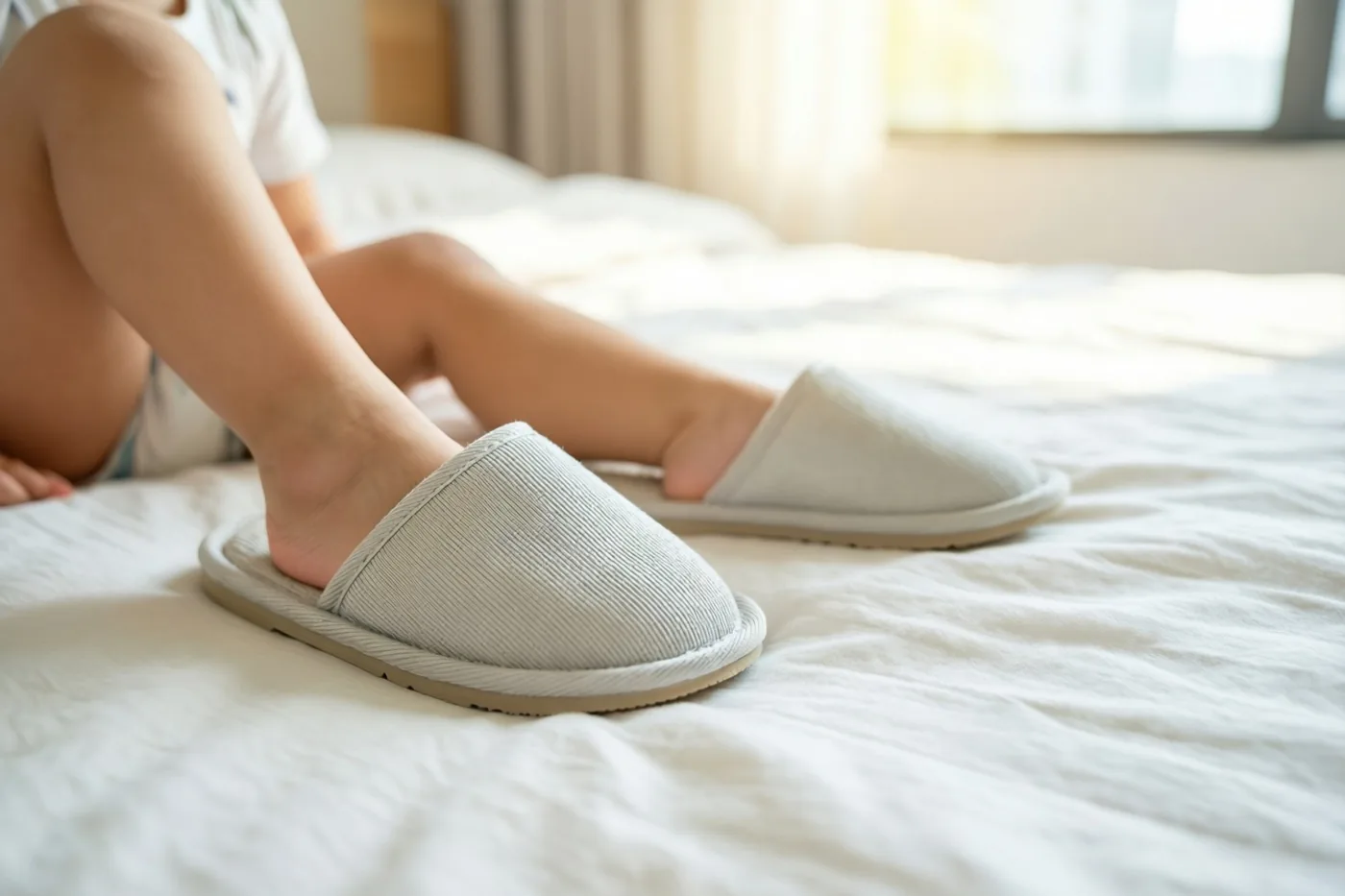 Een kind met lichtgrijze pantoffels aan zit op een wit bed in een zonnige slaapkamer met neutrale kleuren.