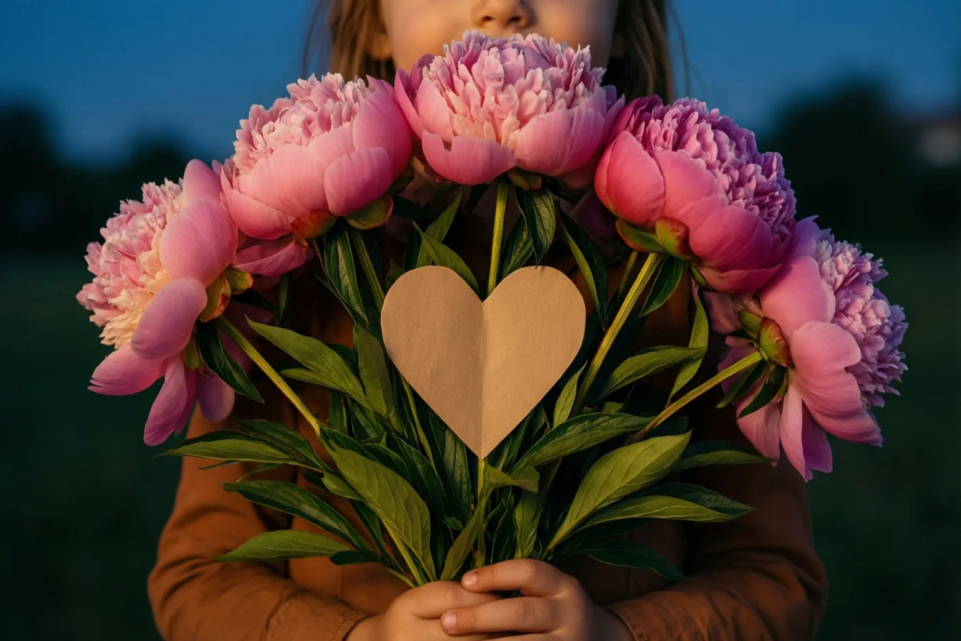 Een kind houdt een boeket roze pioenen met een zelfgemaakt papieren hart tussen de stelen vast tegen een schemerblauwe hemel.