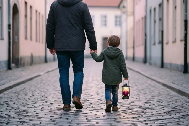 Een ouder en kind lopen van de kijker weg, hand in hand door een smalle kasseienstraat met pastelkleurige gebouwen, terwijl het kind een lichtgevende lantaarn met een rode biet draagt.