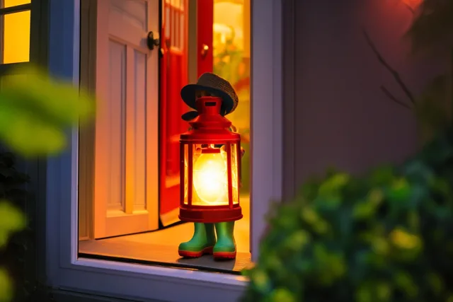 Een kind met groene rubberlaarzen en een hoed staat op een drempel met een brandende rode lantaarn, in licht uit het huis en met wazig groen op de voorgrond.