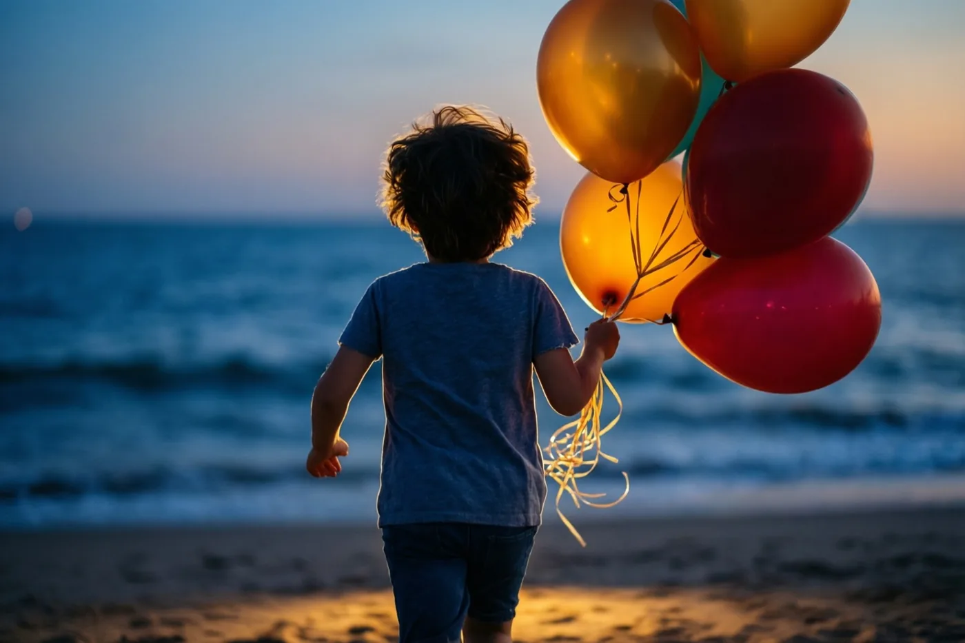 Een kind met krulhaar loopt van achteren gezien met rode en gouden ballonnen over het strand naar zee, in het warme licht van de zonsondergang.