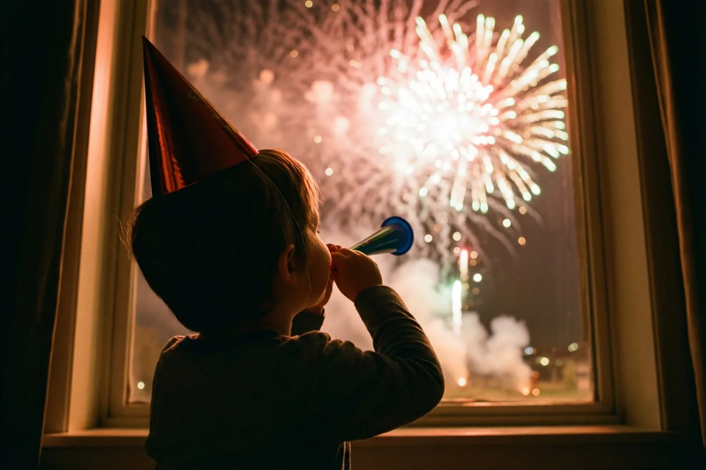Een jong kind met een rood feesthoedje blaast met de rug naar de camera op een blauwe feesttoeter bij een raam met kleurrijk vuurwerk buiten en warm licht binnen.