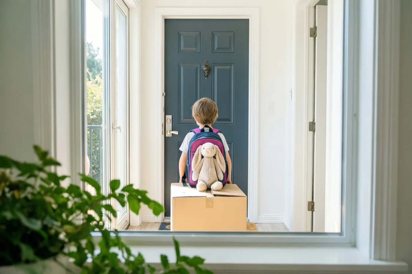 Door een raam is een kind met een rugzak en een knuffelkonijn te zien op een kartonnen doos voor een donkerblauwe voordeur, met witte muren en groen op de voorgrond.