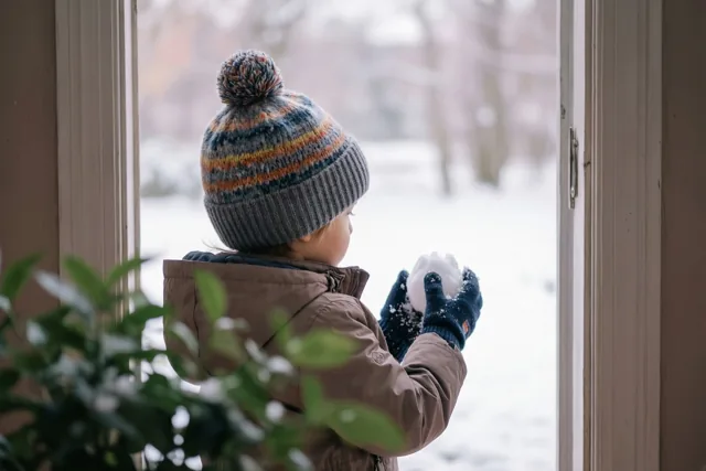 Een sneeuwbal bij het raam