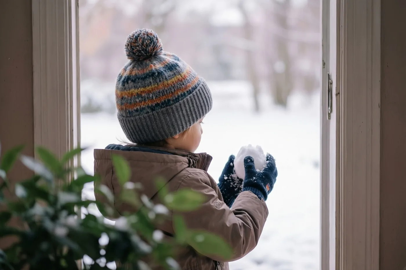 Een kind met een pomponmuts met oranje erin en wanten houdt van achteren gezien binnen bij een raam een sneeuwbal vast, met zicht op een besneeuwd landschap.