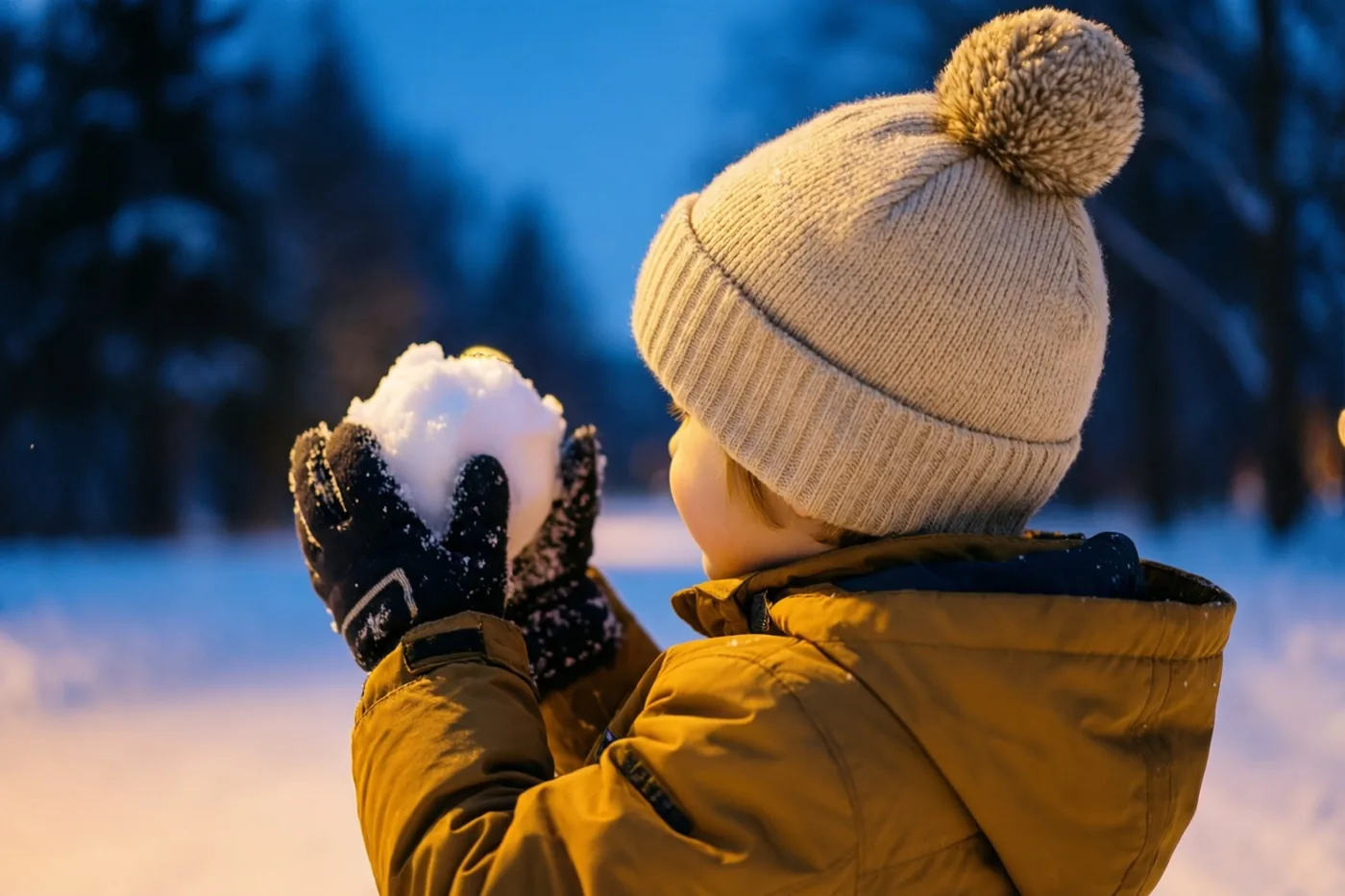 Een kind met een beige pomponmuts, bruine winterjas en zwarte wanten houdt van achteren gezien een sneeuwbal vast, in warm licht tegen een blauwe winterse schemerachtergrond.