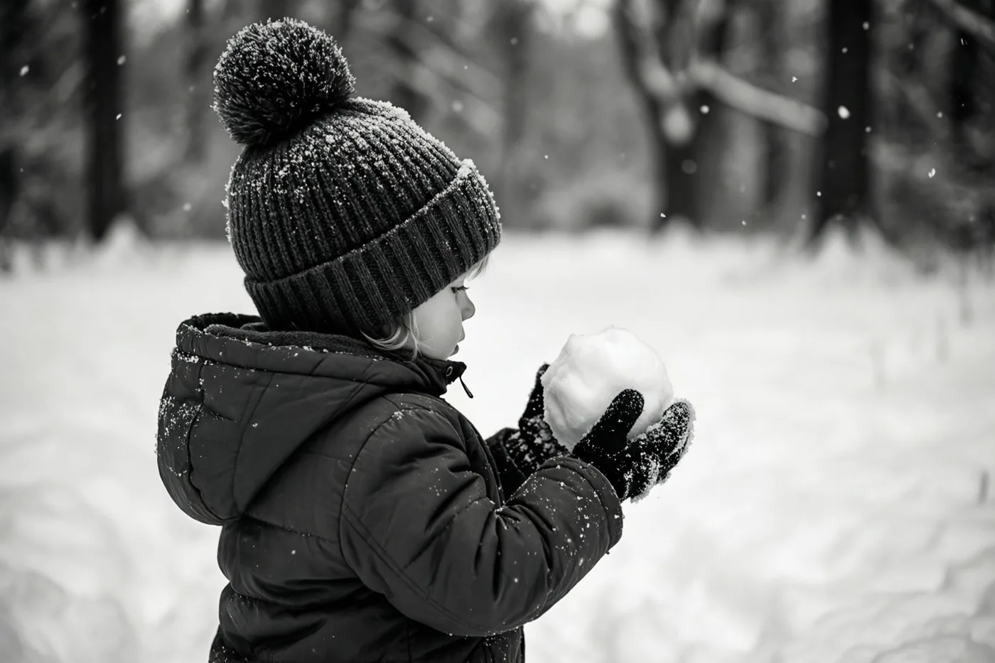 Op een zwart-witfoto houdt een jong kind met een pomponmuts en wanten, gezien van achteren, een sneeuwbal vast in een besneeuwd bos.