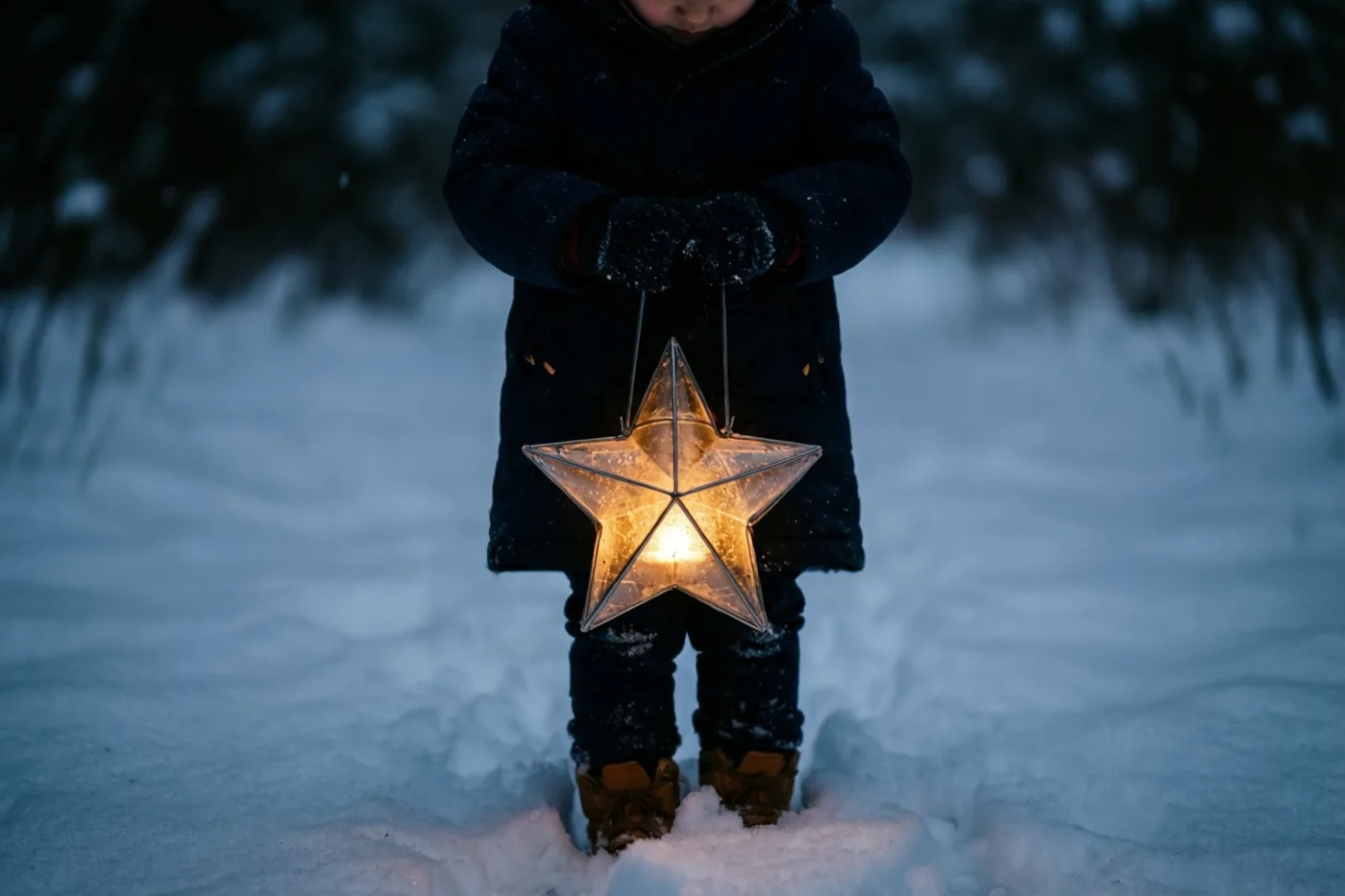 Een klein kind in donkere winterkleren staat in diepe sneeuw bij weinig licht en houdt een grote sterlantaarn vast die warm goudkleurig licht verspreidt in een koele blauwe omgeving.