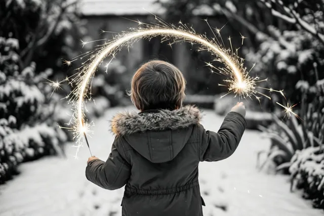 Een kind in een winterjas trekt van achteren gezien met sterretjes een lichtende boog in een besneeuwde tuin met besneeuwde struiken en bomen.