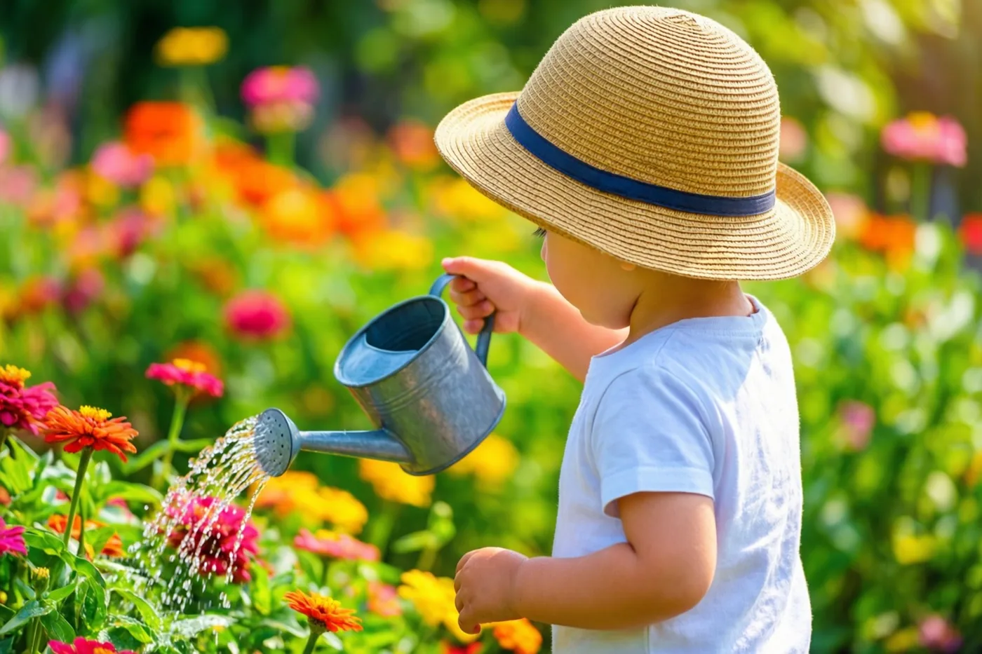 Een jong kind met een strooien zonnehoed geeft kleurrijke bloemen water met een kleine metalen gieter, van achteren gezien in een fel verlichte tuin.