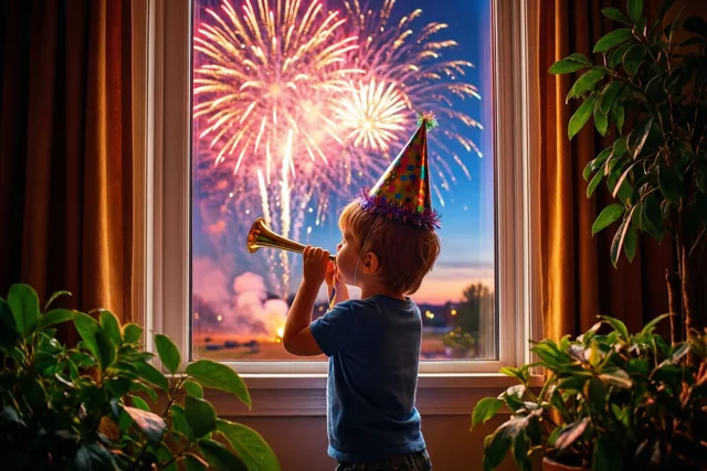 Een kleine feestneus viert nieuwjaar