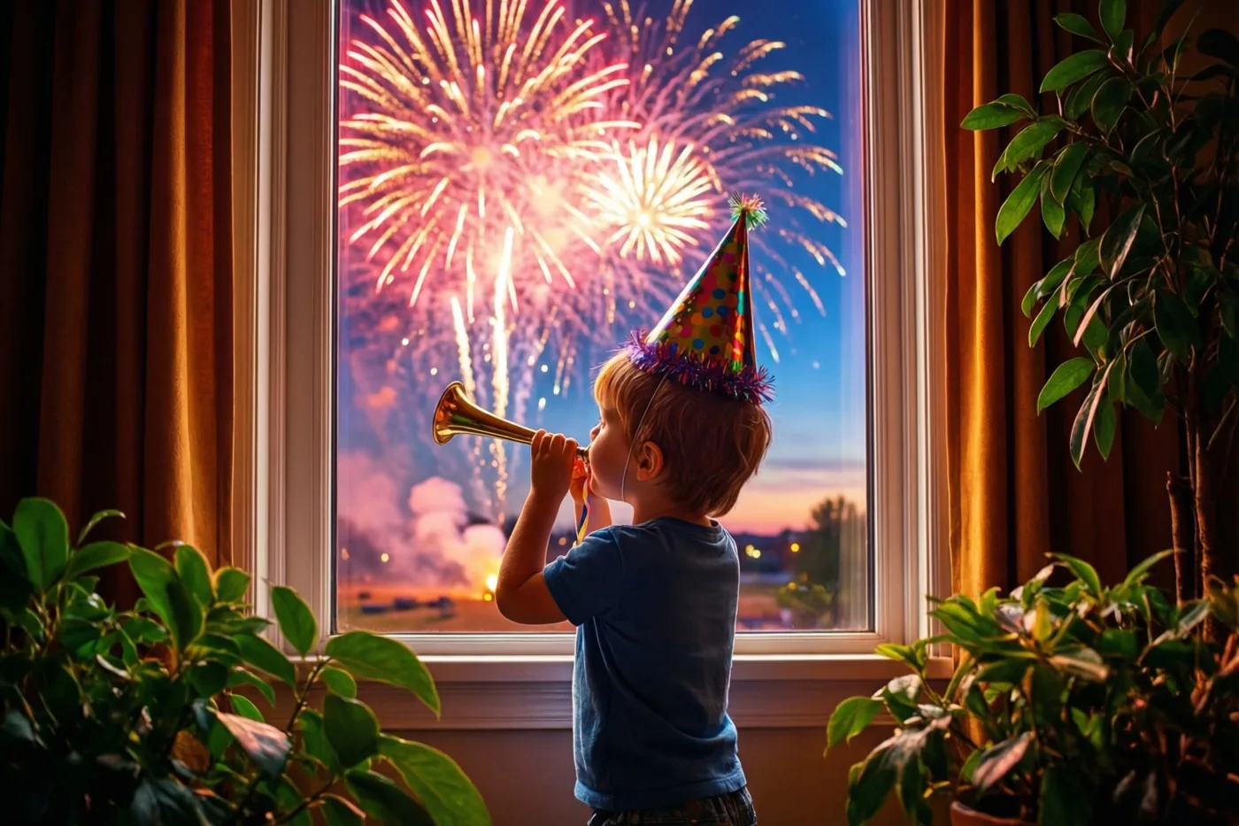 Een jong kind met een feesthoedje blaast op een feesttoeter bij een raam met gouden gordijnen en groene planten, terwijl buiten vuurwerk te zien is.