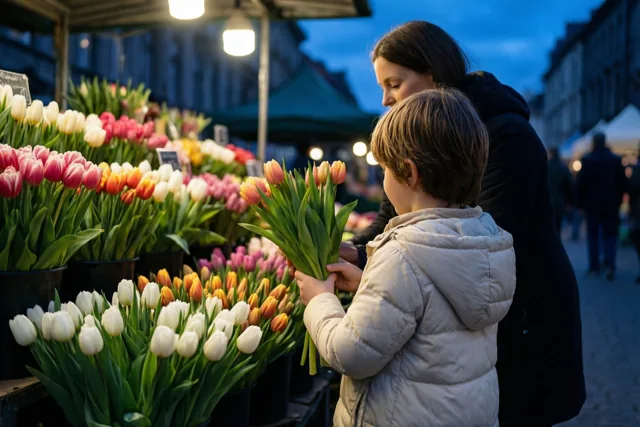 Een kind in een lichte jas houdt van op de rug gezien een boeket tulpen vast naast een volwassene aan een bloemenkraam, verlicht door warme lampen bij schemering.