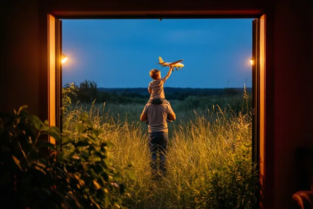 Boven het gras met papa