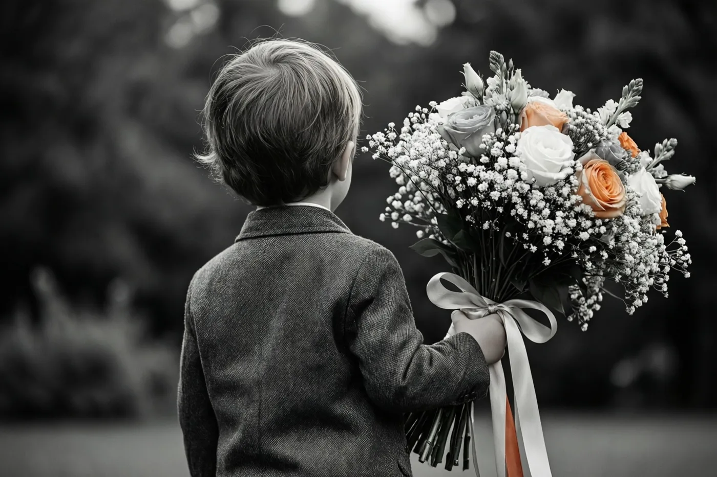 Een klein kind in een jas met textuur houdt met de rug naar de camera buiten een groot boeket met een lint vast, met witte en oranje rozen die opvallen in een verder monochroom beeld.