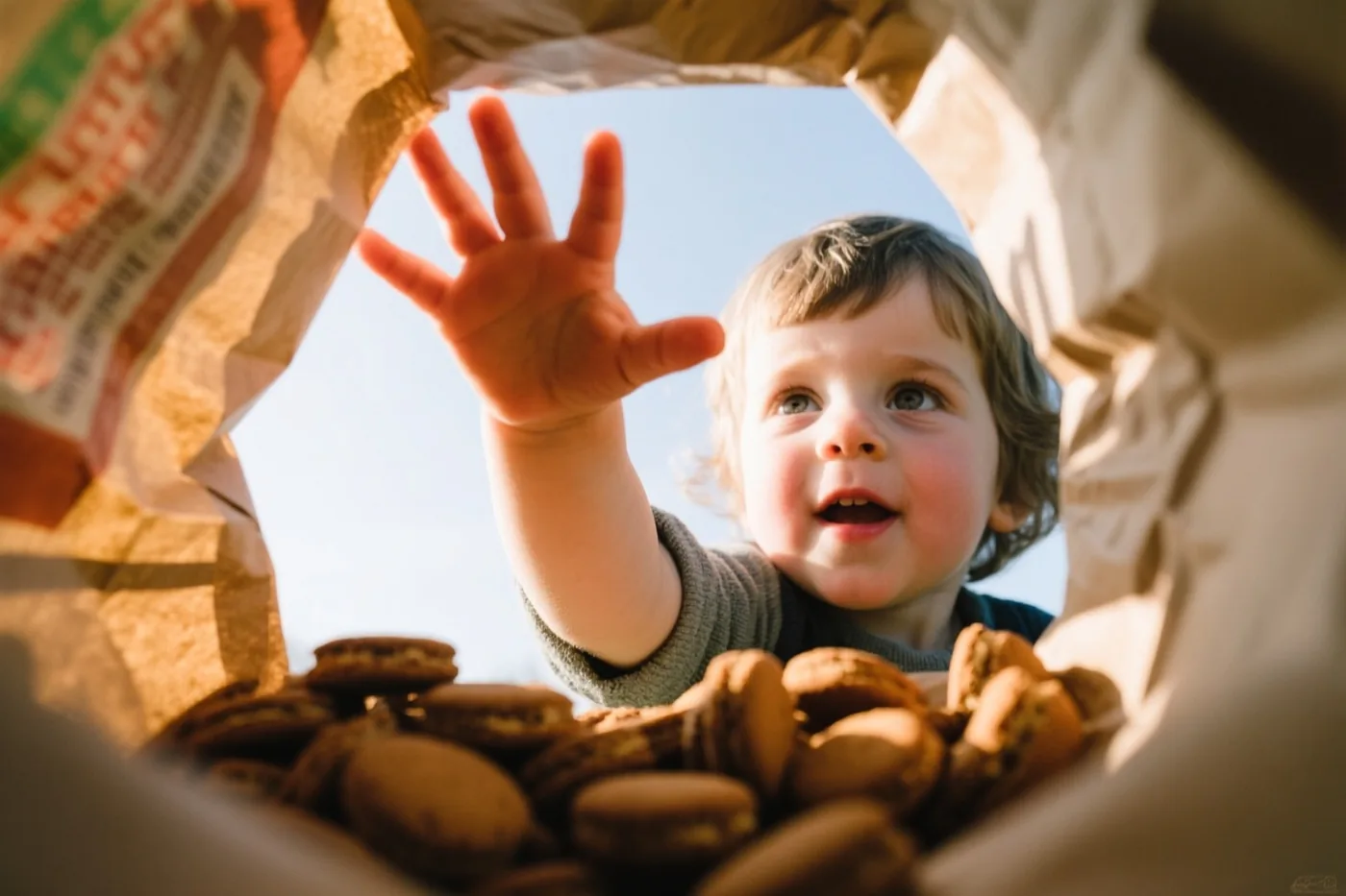 Een kind kijkt enthousiast omhoog terwijl een hand vanuit een papieren zak met pepernoten omhoogreikt, met een heldere blauwe lucht op de achtergrond.