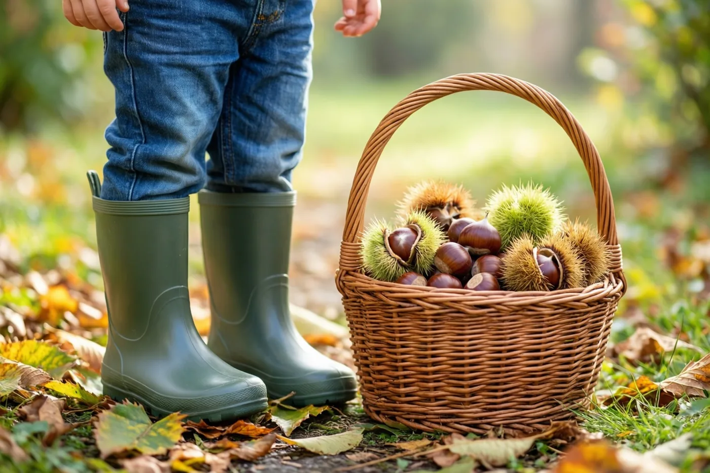 Een kind met groene rubberlaarzen staat naast een rieten mand die overloopt van kastanjes, op een met herfstbladeren bedekte grond in warm zonlicht.