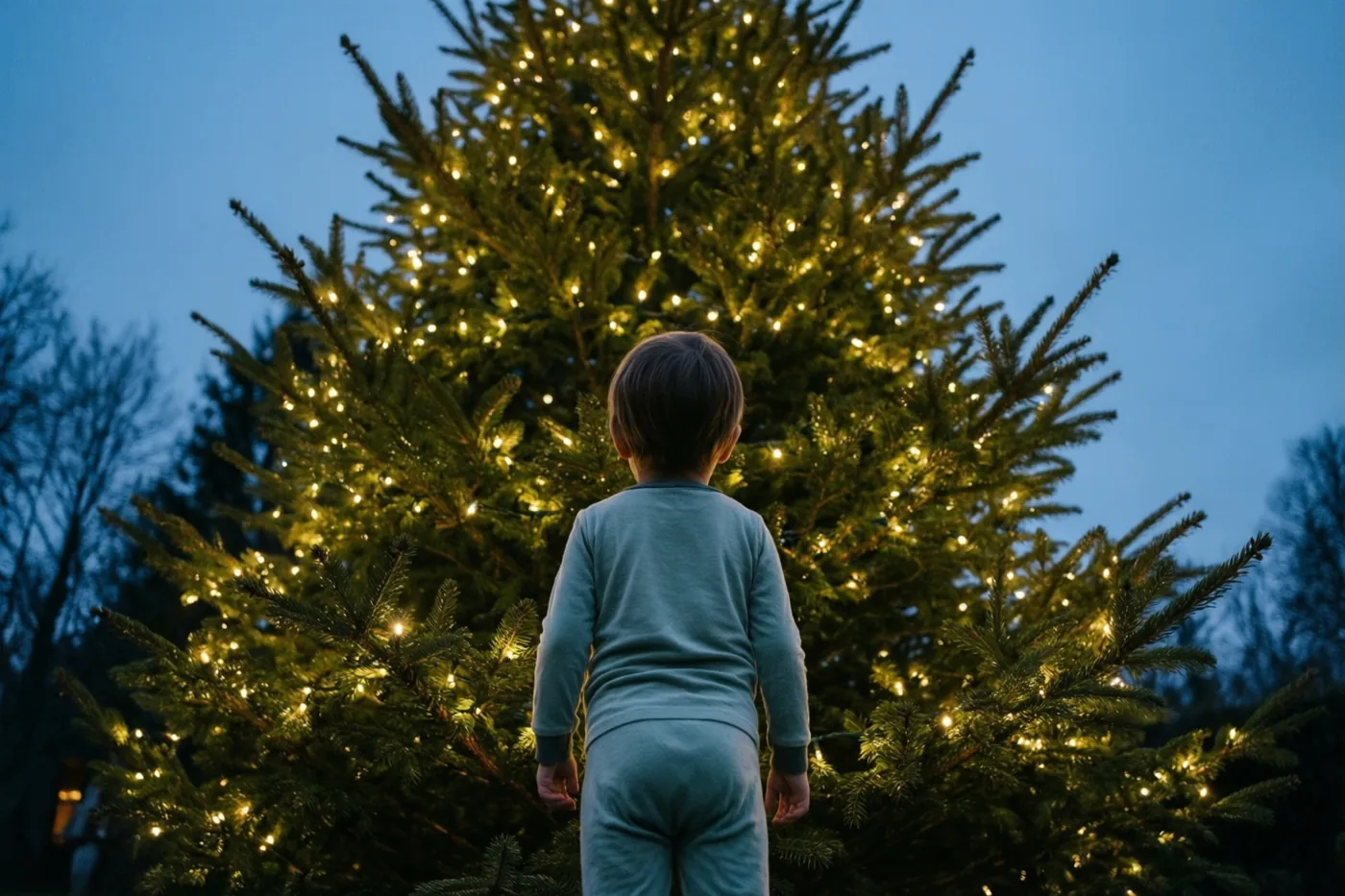 Een klein kind in een lichtblauwe pyjama kijkt van achteren gezien naar een hoge kerstboom met gele lichtjes onder een diepblauwe avondlucht.