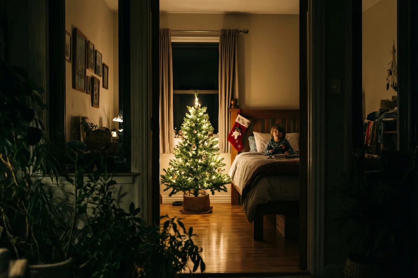 Een kind zit 's nachts op een bed naast een klein verlicht kerstboompje, met een rode kerstsok aan de bedstijl in een zacht verlichte slaapkamer.