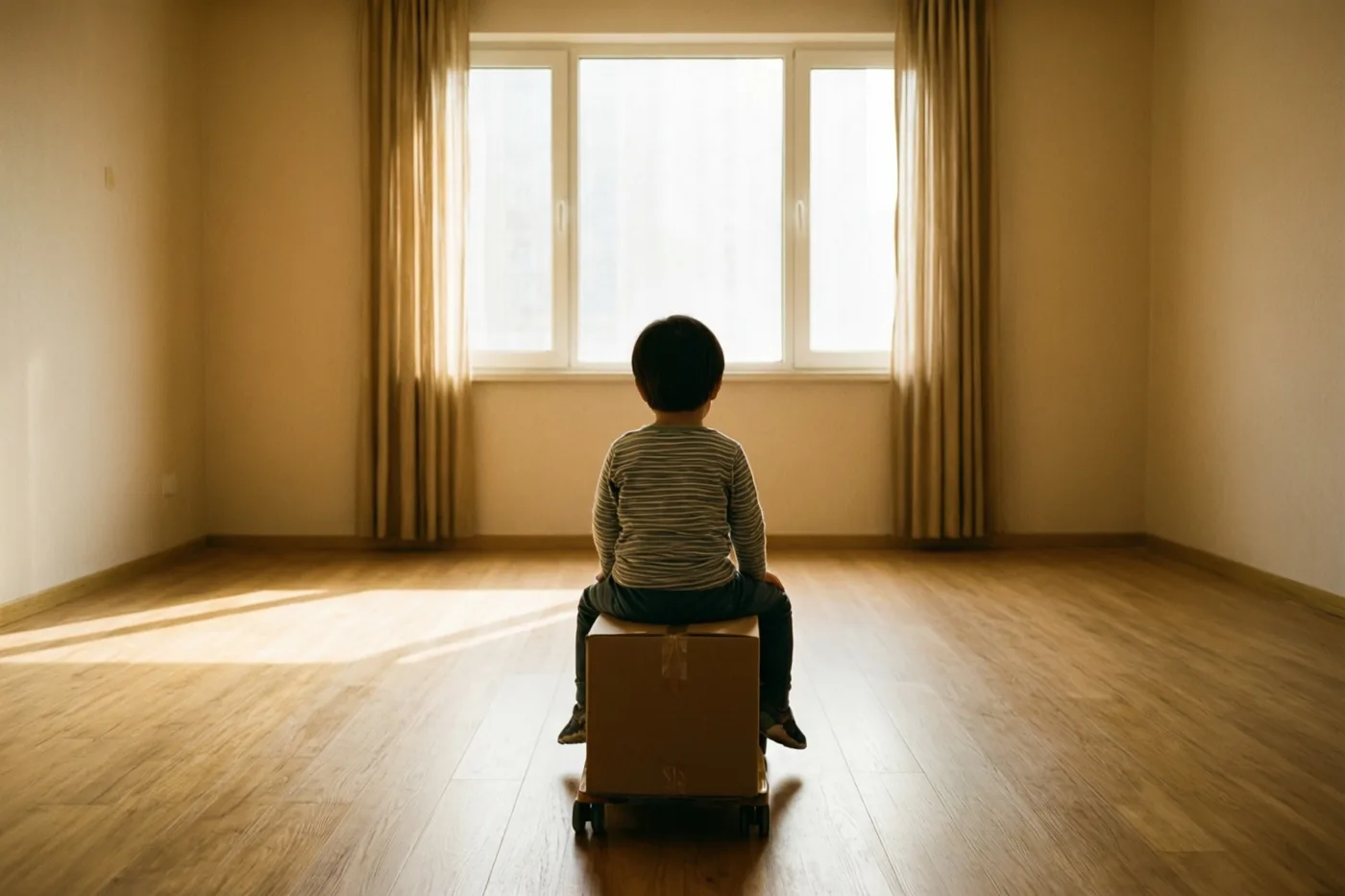 Een klein kind zit met de rug naar de kijker op een kartonnen doos met wielen in een lege kamer met een houten vloer en warm zonlicht door een groot raam.