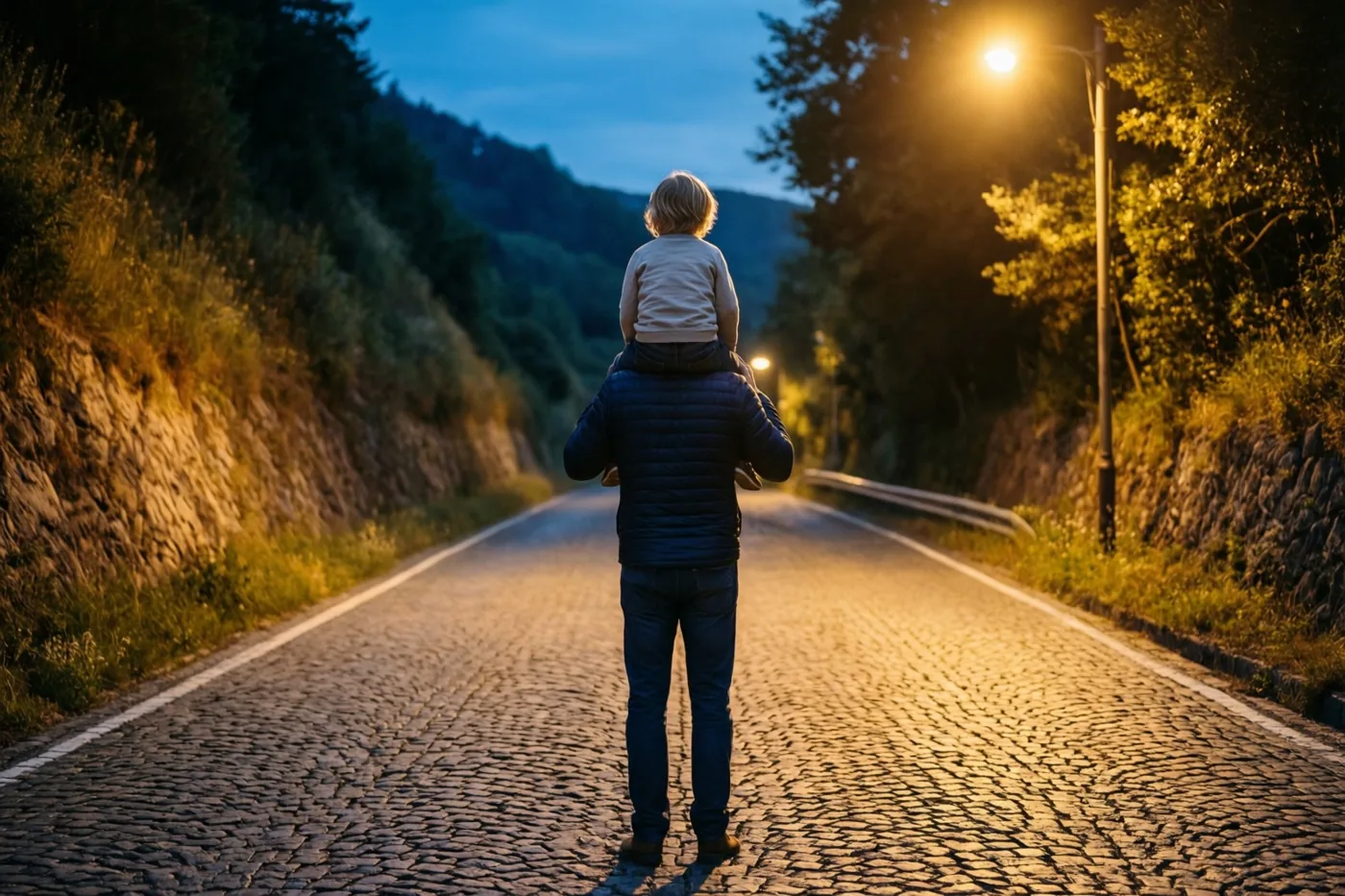 Een vader draagt een kind op zijn schouders over een kronkelende kasseiweg tussen bomen en heuvels, verlicht door straatlampen in de schemering.