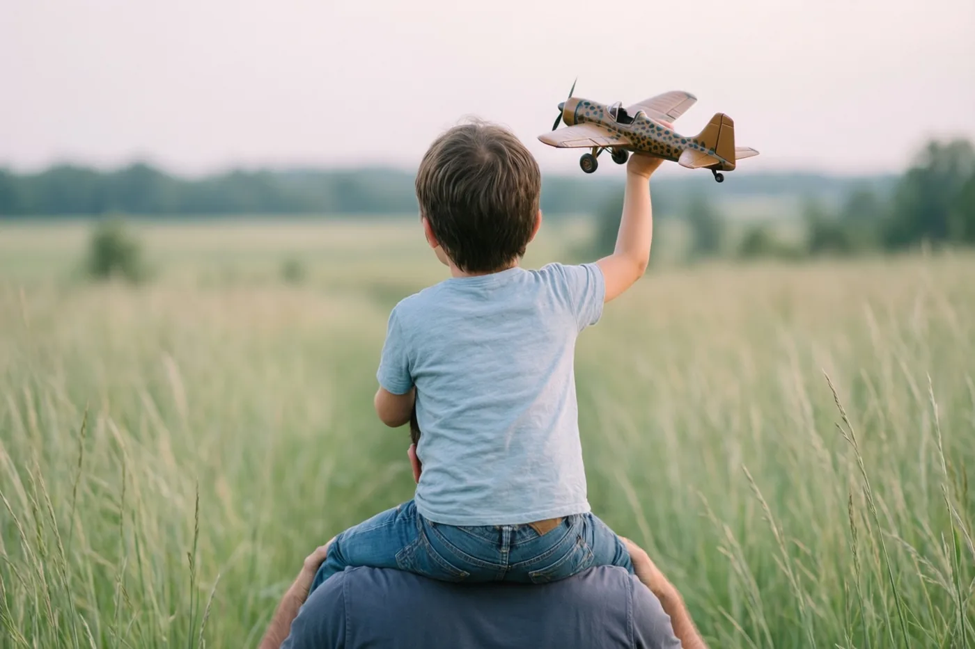 Een jong kind zit op de schouders van een volwassene in een veld met hoog gras en houdt een speelgoedvliegtuig omhoog, in zacht natuurlijk licht met een vervaagde achtergrond.