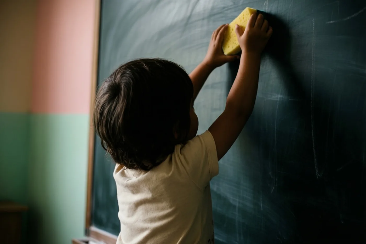 Een donkerharig kind staat met de rug naar de kijker op de tenen en poetst een schoolbord met een gele spons in een klas met roze en groene muren.