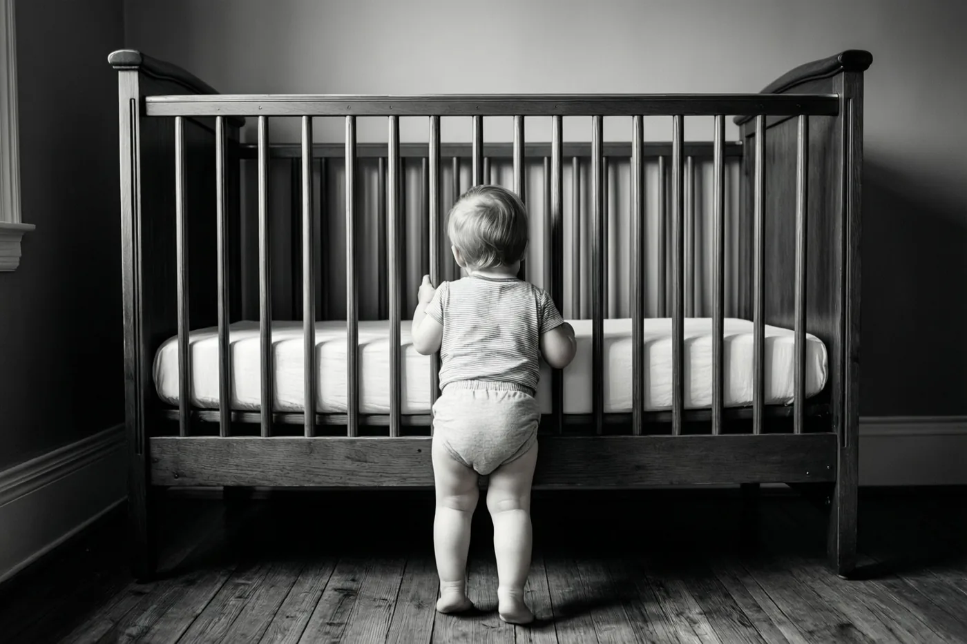 Een klein kind staat van achteren gezien op de tenen en kijkt over de rand van een houten wieg in een schemerige kamer met houten vloer en donkere muren, op een monochrome foto.