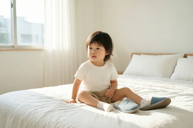 Een jong kind zit op een bed met zacht wit beddengoed in een lichte slaapkamer waar zonlicht door het raam valt.