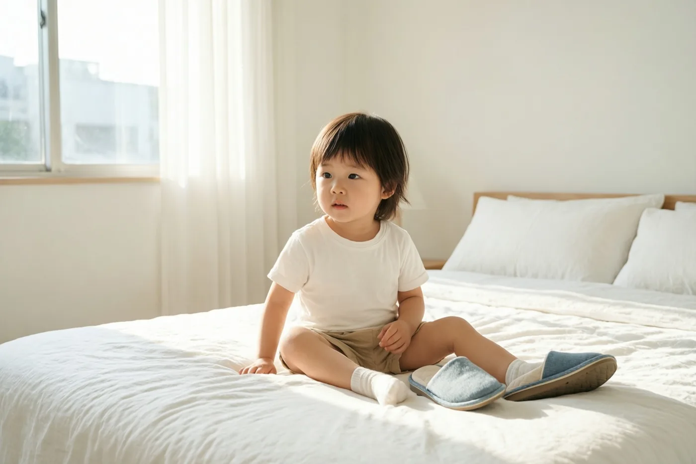 Een jong kind zit op een bed met zacht wit beddengoed in een lichte slaapkamer waar zonlicht door het raam valt.