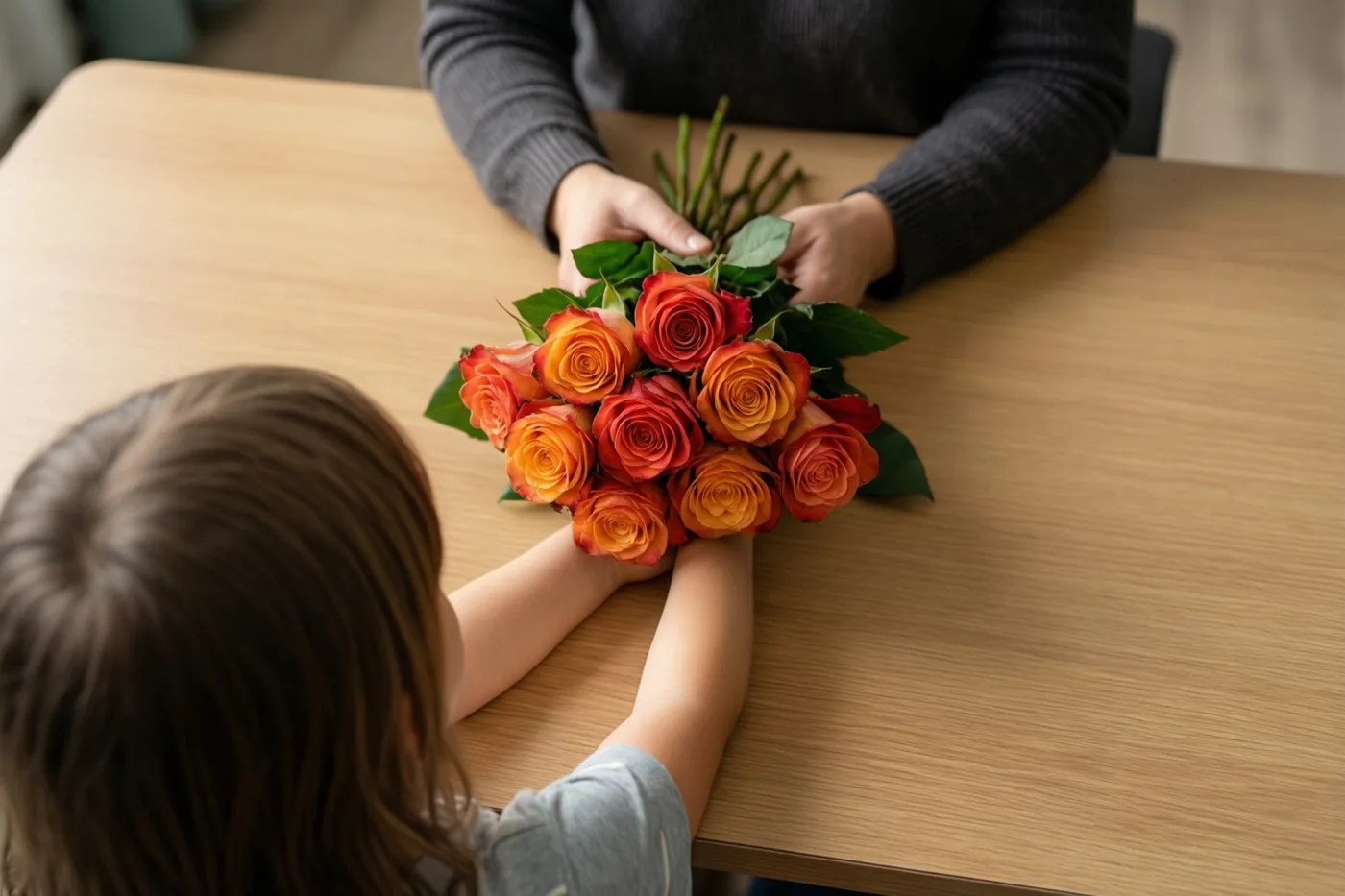 Een kind met de rug naar de camera reikt oranje en rode rozen over een houten tafel naar de handen van een leerkracht.