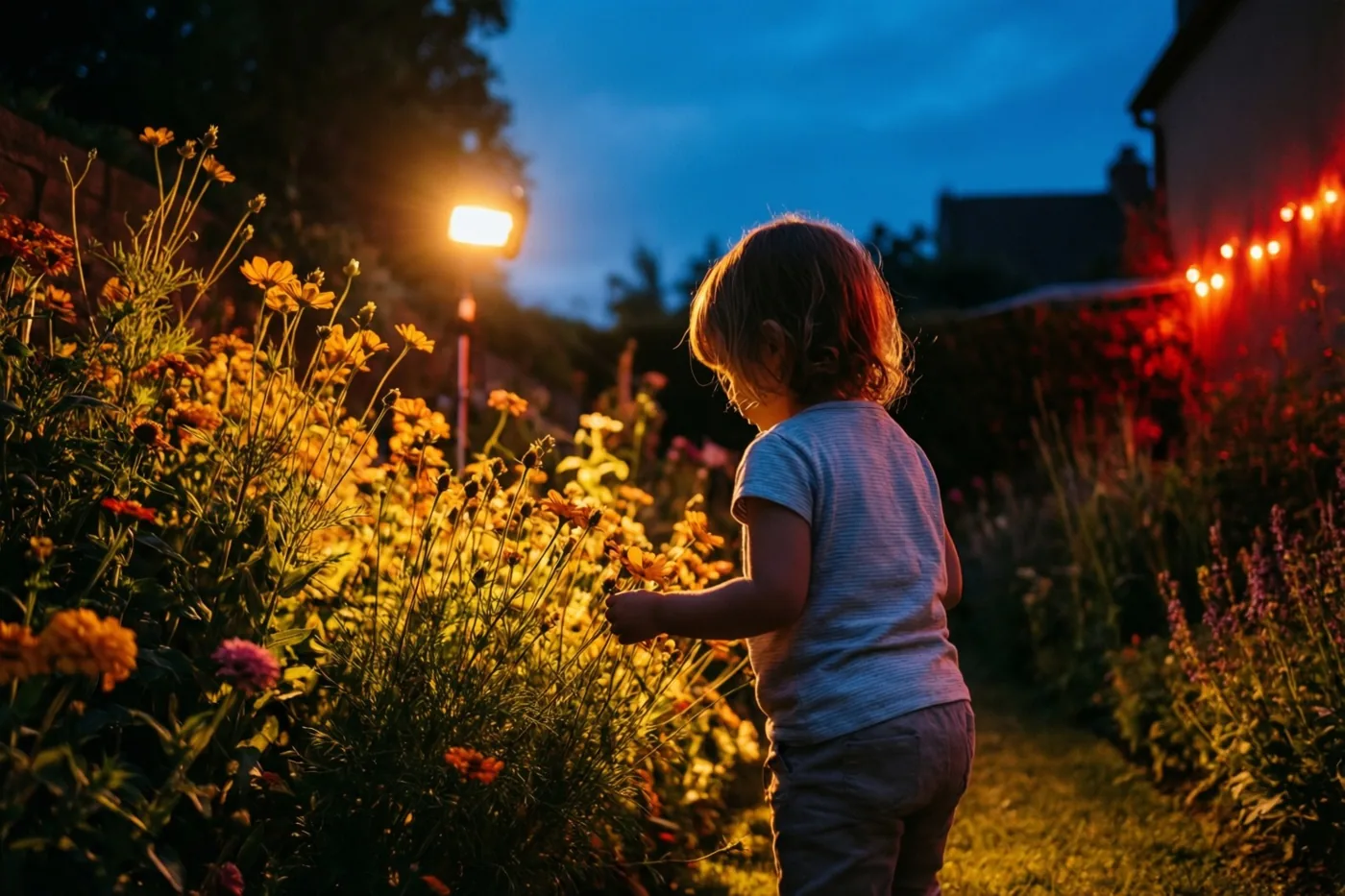 Een jong kind reikt van op de rug gezien naar bloemen in een tuinborder, verlicht door warme lampen onder een diepblauwe schemerhemel.