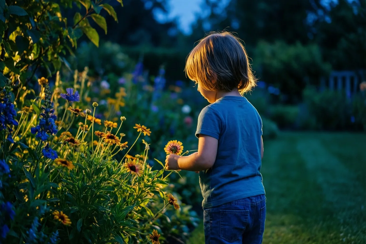 Een blond kind plukt van op de rug gezien een gele bloem uit een weelderige tuinborder in warm, goudkleurig licht.