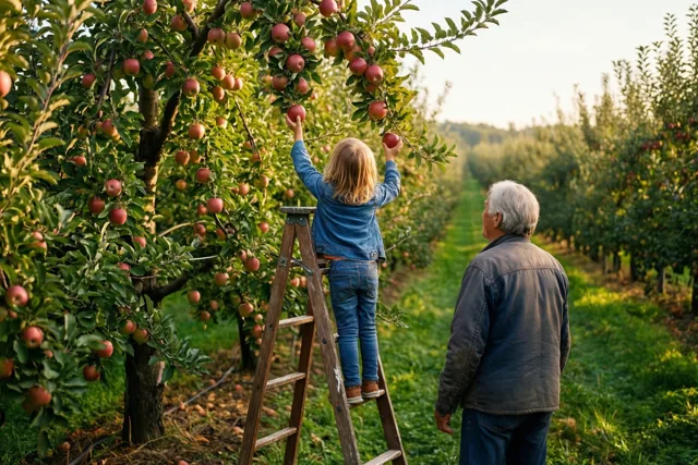 Een jong kind reikt vanaf een houten ladder naar rode appels tussen groene bladeren, terwijl een oudere persoon onderaan toekijkt in warm licht.