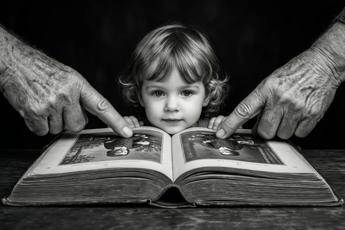 Een kind met krullen legt het hoofd op een oud, open boek terwijl twee oudere handen naar dezelfde foto wijzen, in zwart-wit.