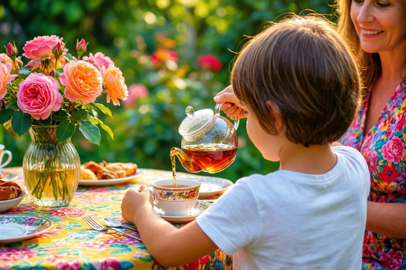 Een kind, van achteren gezien, schenkt thee in een kop aan een tuintafel naast een glimlachende vrouw en een vaas roze en oranje rozen.
