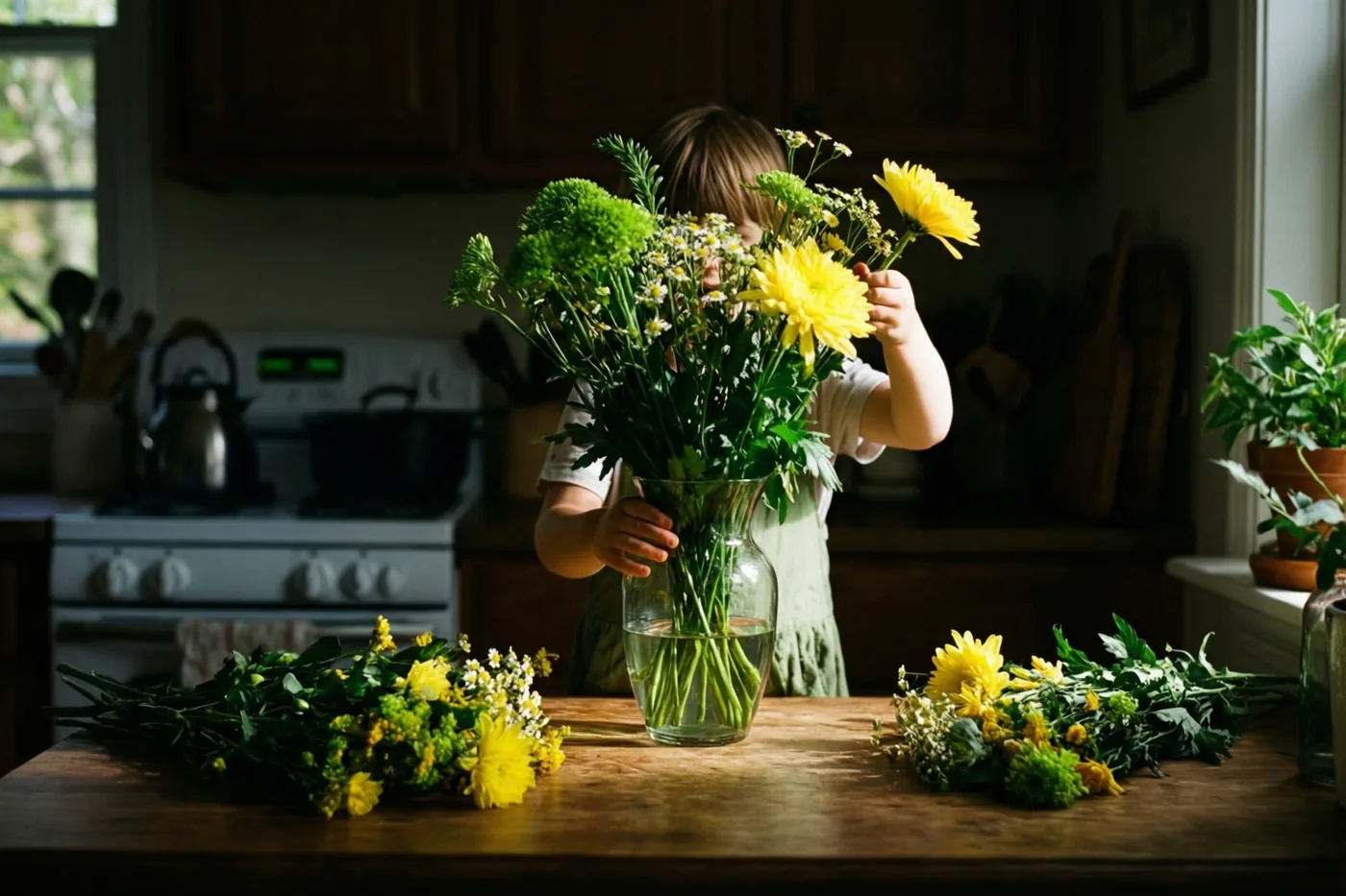 Een kind schikt een groot boeket gele en groene bloemen in een glazen vaas op een houten keukenwerkblad bij een raam.