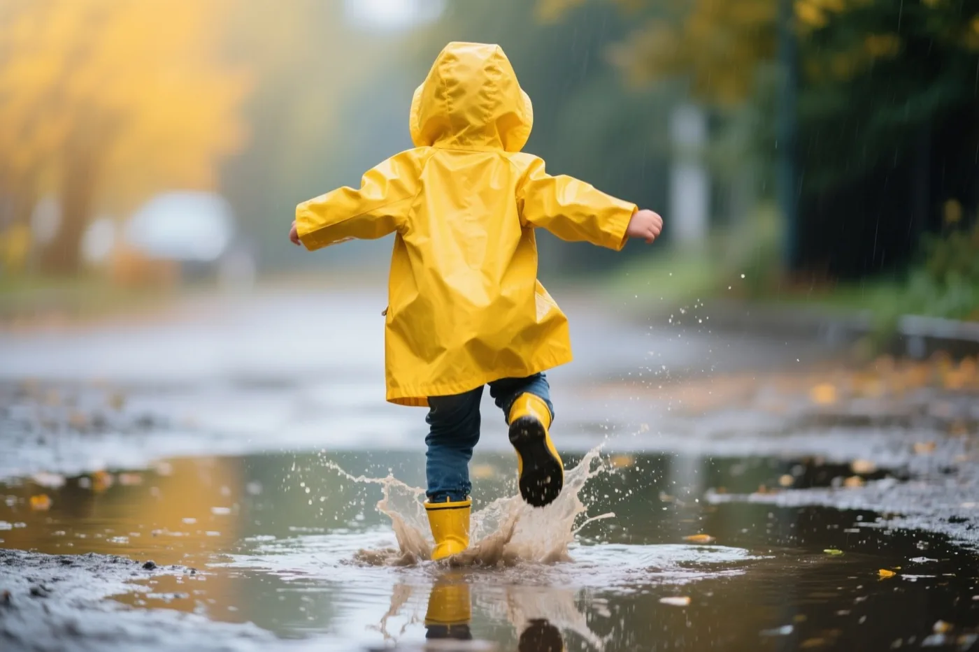 Een kind in een felgele regenjas en laarzen springt met de rug naar de kijker in een modderplas, met wazige gouden herfstbomen in de regen op de achtergrond.