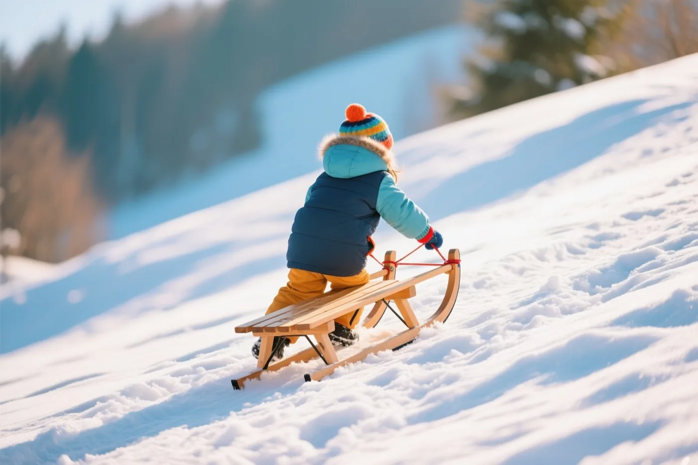Een kind met een kleurrijke muts en winterkleren trekt, van achteren gezien, een houten slee een besneeuwde helling op in fel zonlicht, met een onscherp bos op de achtergrond.