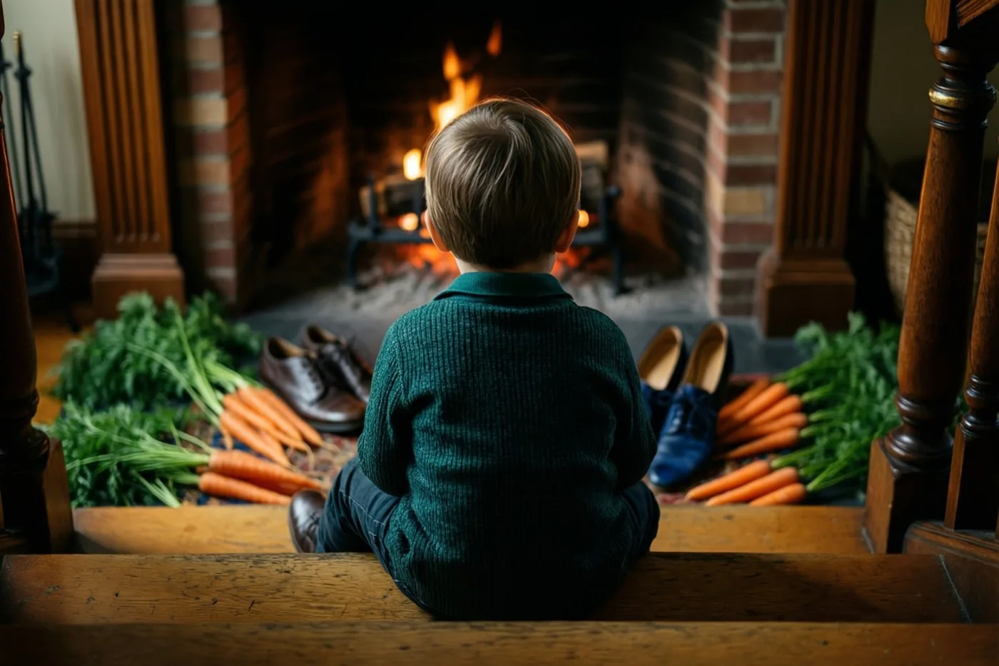 Een jong kind zit op een houten trap tegenover een brandende haard, omringd door bossen wortels en paren schoenen in warm licht.