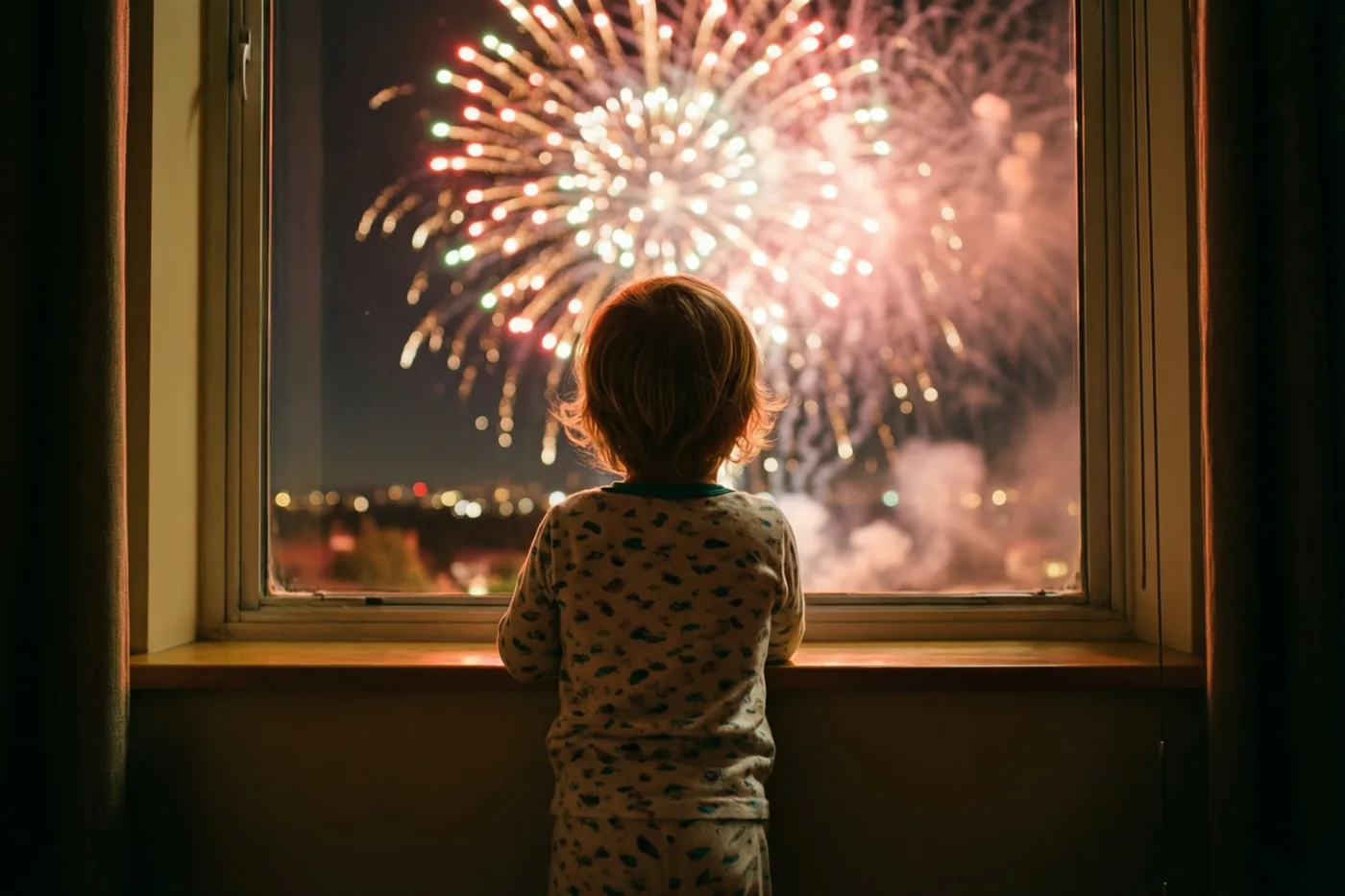 Een klein kind in een pyjama met motief staat met de rug naar de camera in een warm verlichte kamer en tekent zich af tegen kleurrijk vuurwerk buiten het raam.