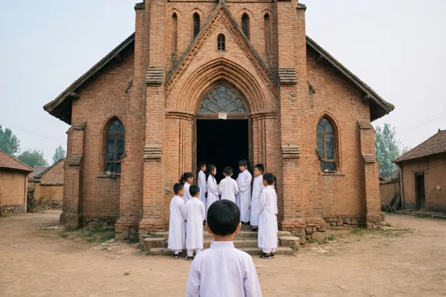 Een groep kinderen in witte gewaden staat met de rug naar de camera aan de ingang van een rode bakstenen dorpskerk, met onverharde grond en eenvoudige gebouwen errond.