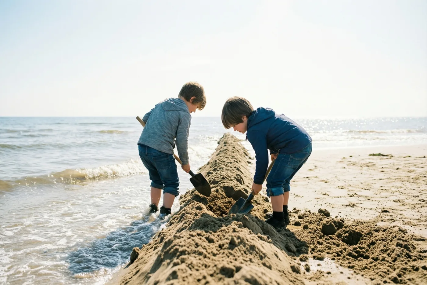 Twee kinderen graven met hun rug naar de kijker een zanddijk op het strand terwijl zachte golven hun voeten naderen, in helder daglicht.