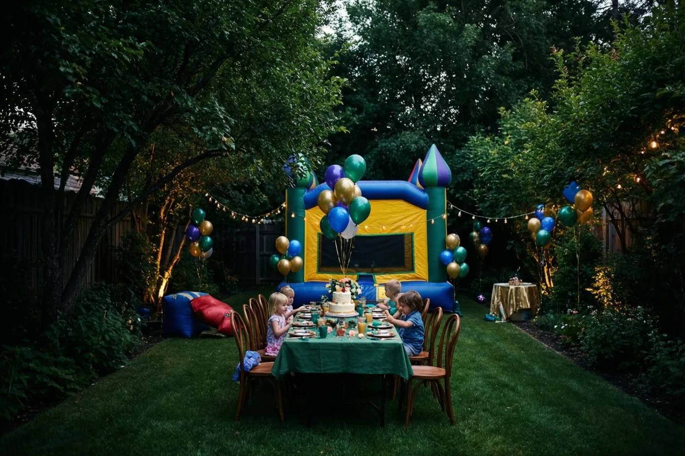 Kinderen zitten rond een versierde tafel met taart in een tuin onder bomen met lichtslingers, met een kleurrijk springkasteel en ballonnen op de achtergrond.