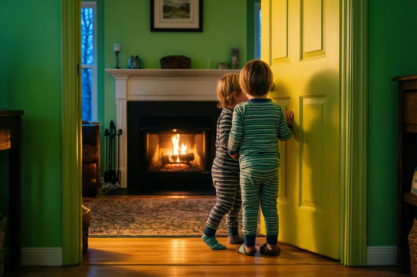 Twee kinderen in gestreepte pyjama’s staan met de rug naar de camera en kijken om een gele deur naar een warm verlichte kamer met een haard, groene muren en een houten vloer.